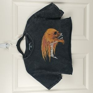 Metallica Crop Gray Orange Flame Skull Graphic Band Tee Shirt Womens Medium